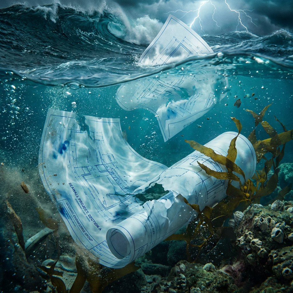 Architectural blueprints submerged and torn in ocean water with stormy waves above
