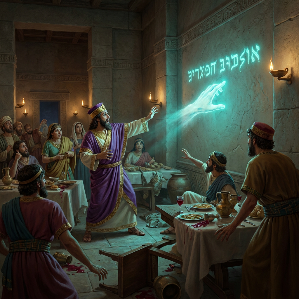 King in purple robe startled by glowing hand and Hebrew writing on wall at banquet
