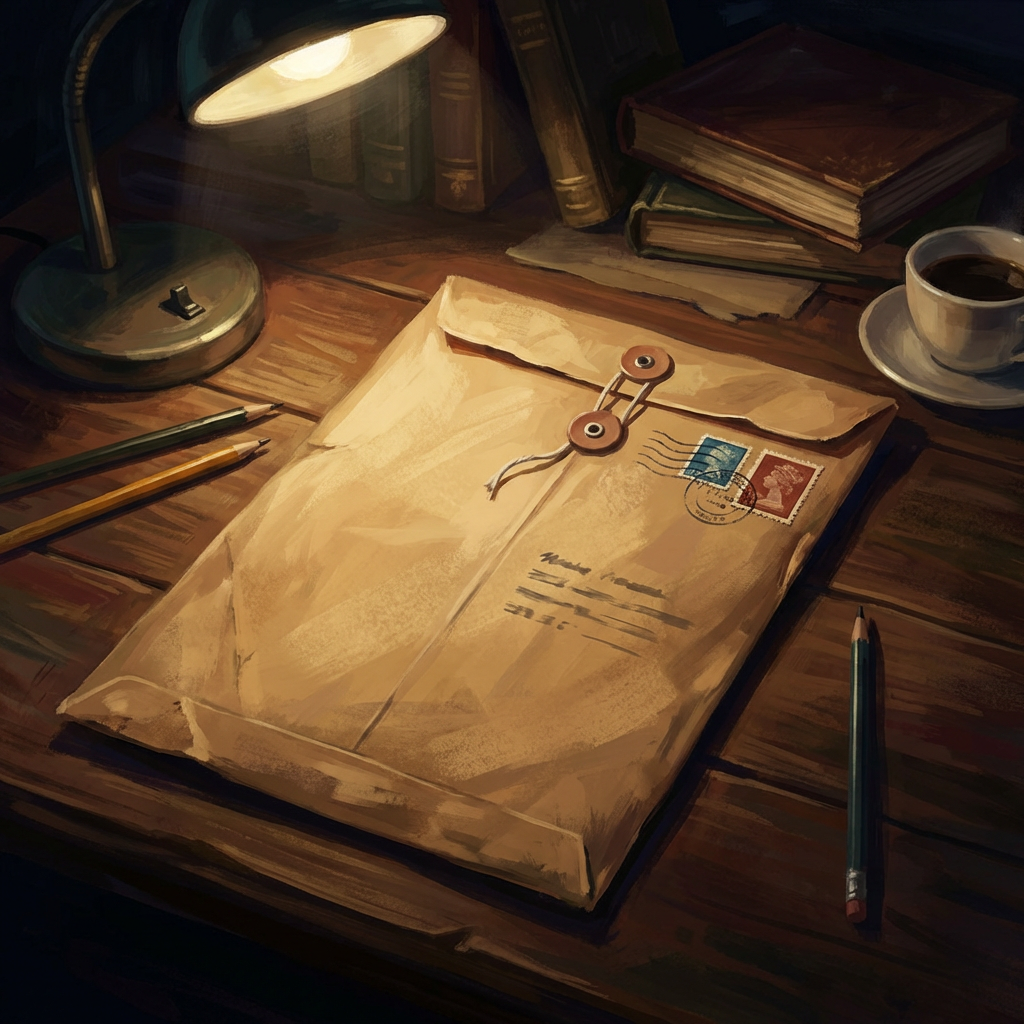Sealed brown envelope with stamps on wooden desk illuminated by desk lamp