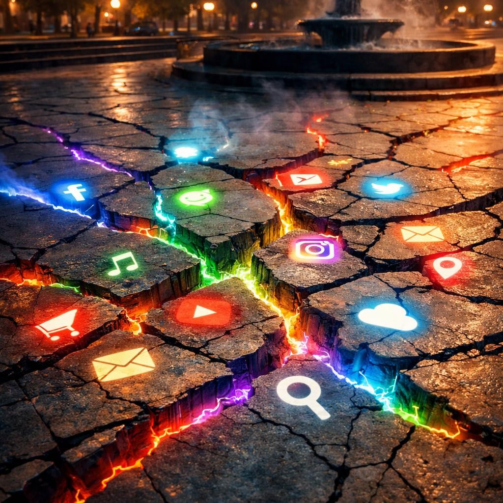 Cracked pavement with glowing social media and app icons emerging from fissures