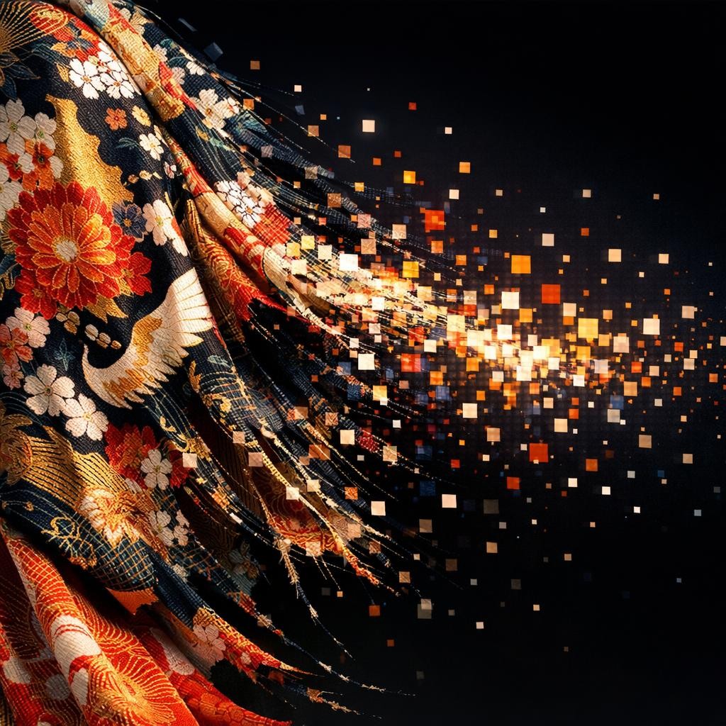 Traditional floral and crane patterned fabric disintegrating into glowing orange and gold pixels on a black background