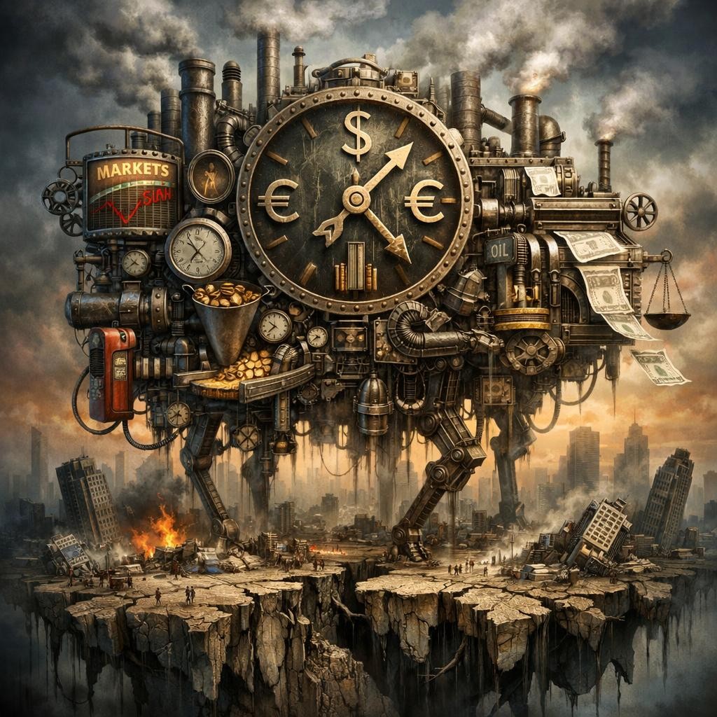 Large mechanical machine with clock face showing dollar and euro signs, surrounded by gears, smoke stacks, dollar bills, and market charts above a broken city