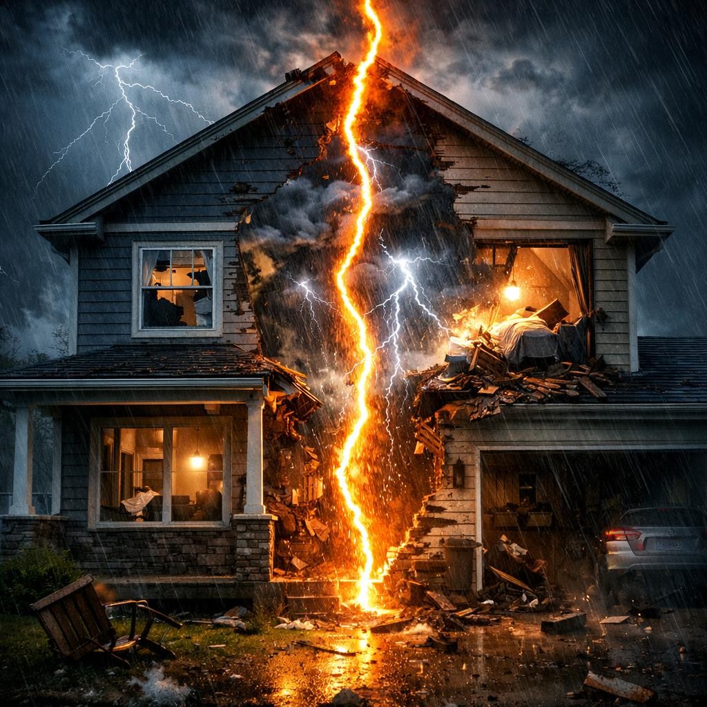 Lightning bolt striking a house causing severe damage and debris during rainstorm