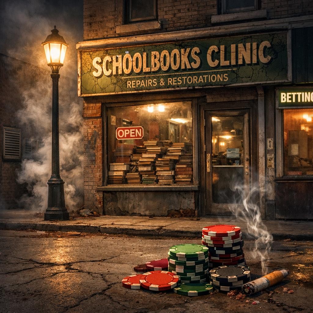 Old bookstore named Schoolbooks Clinic with books inside and poker chips on cracked pavement