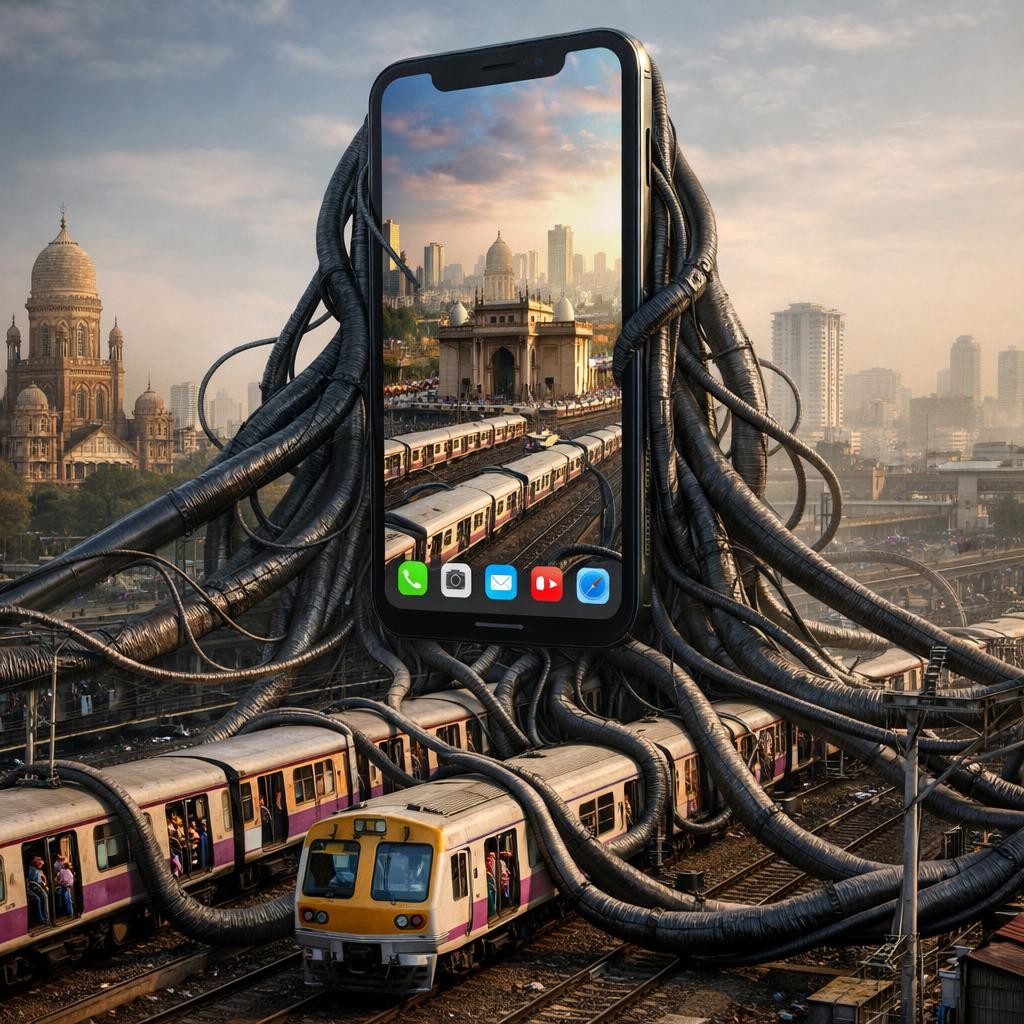 Smartphone with many cables connected to urban trains at a busy station