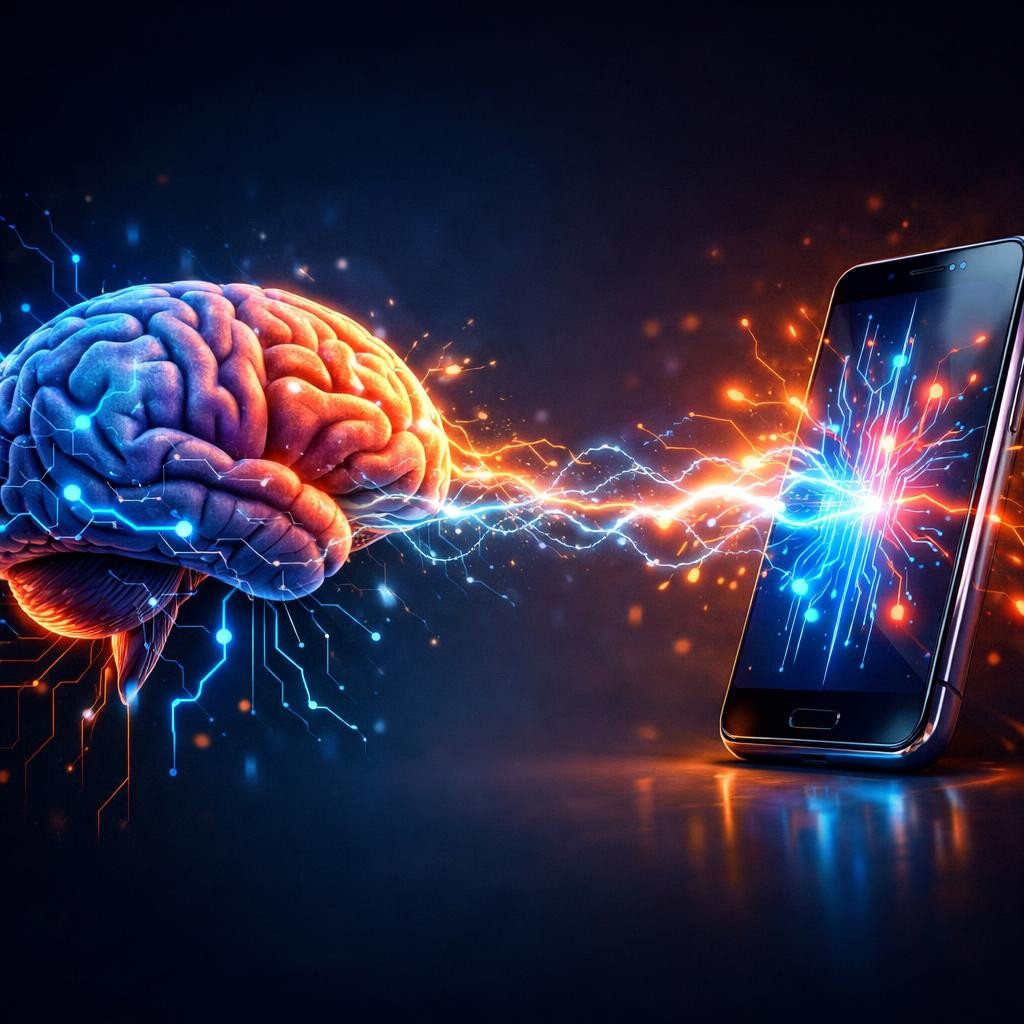 Illustration of a brain connecting to a smartphone with glowing electric circuits