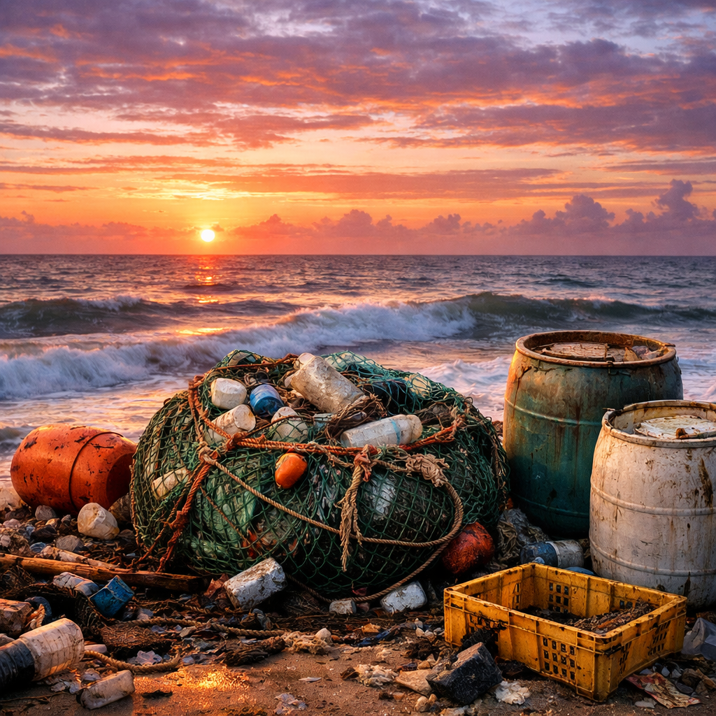 Plastic bottles, barrels, and netting littered on a sandy beach near ocean waves