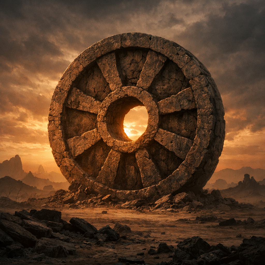 Large ancient stone wheel structure in a barren rocky desert at sunset