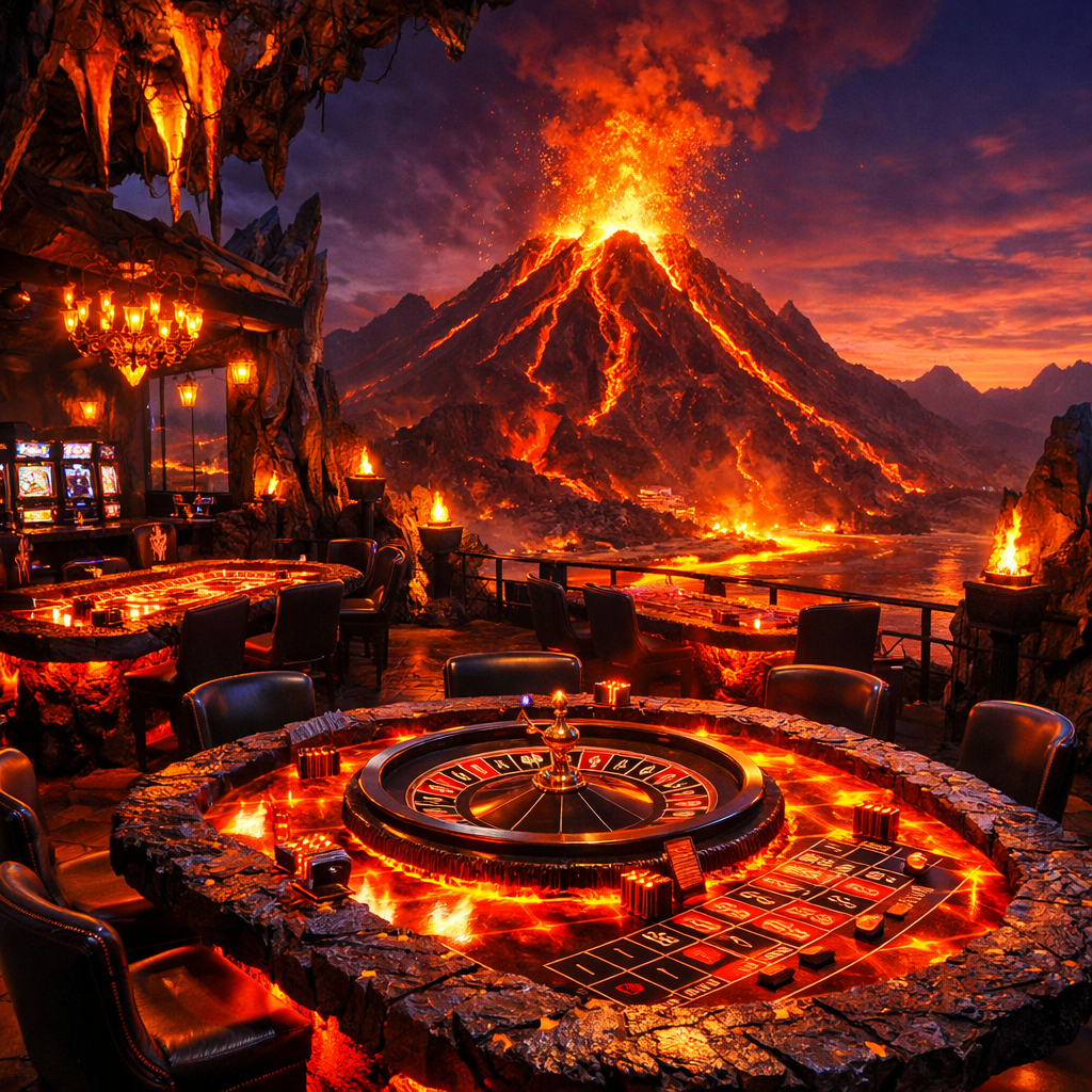 Casino roulette table glowing with lava theme inside a volcanic cave setting with erupting volcano outside