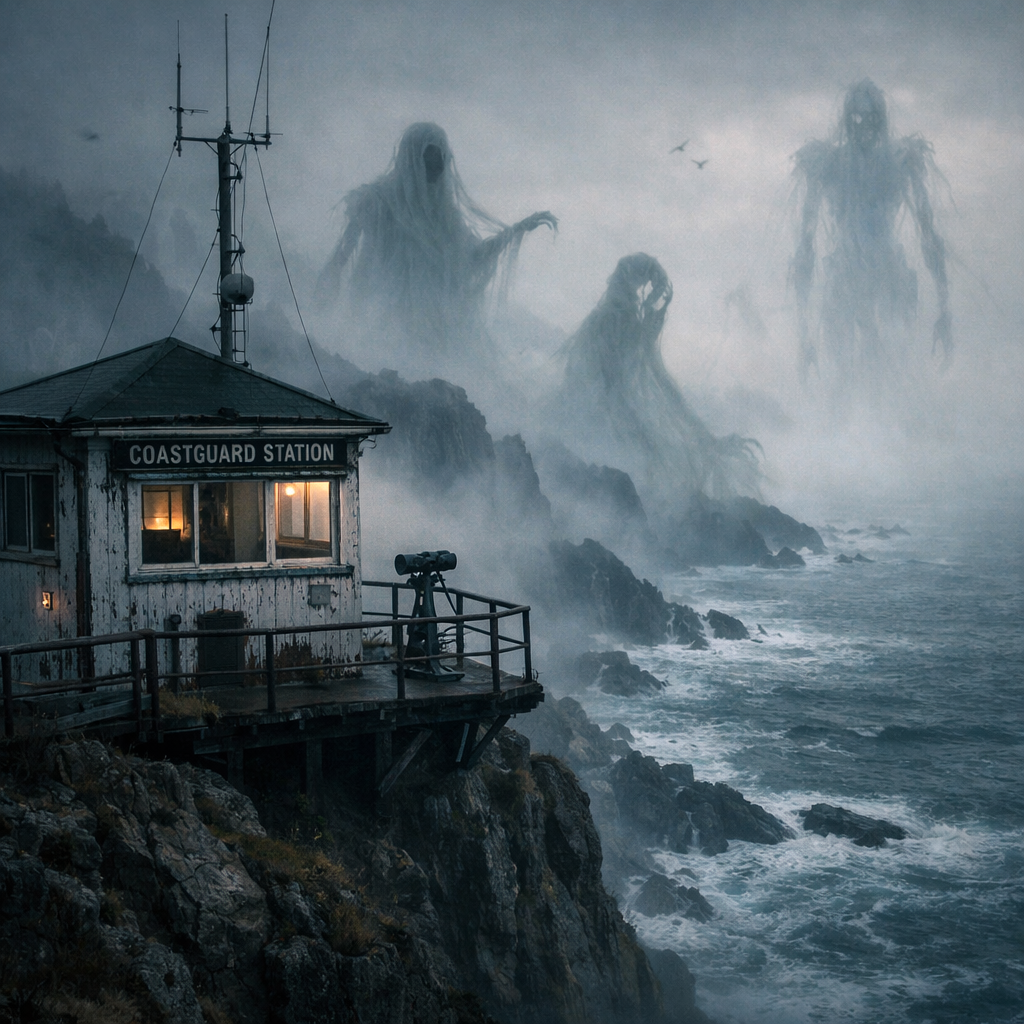 Old coastguard station on rocky cliff with giant ghostly figures in fog over ocean