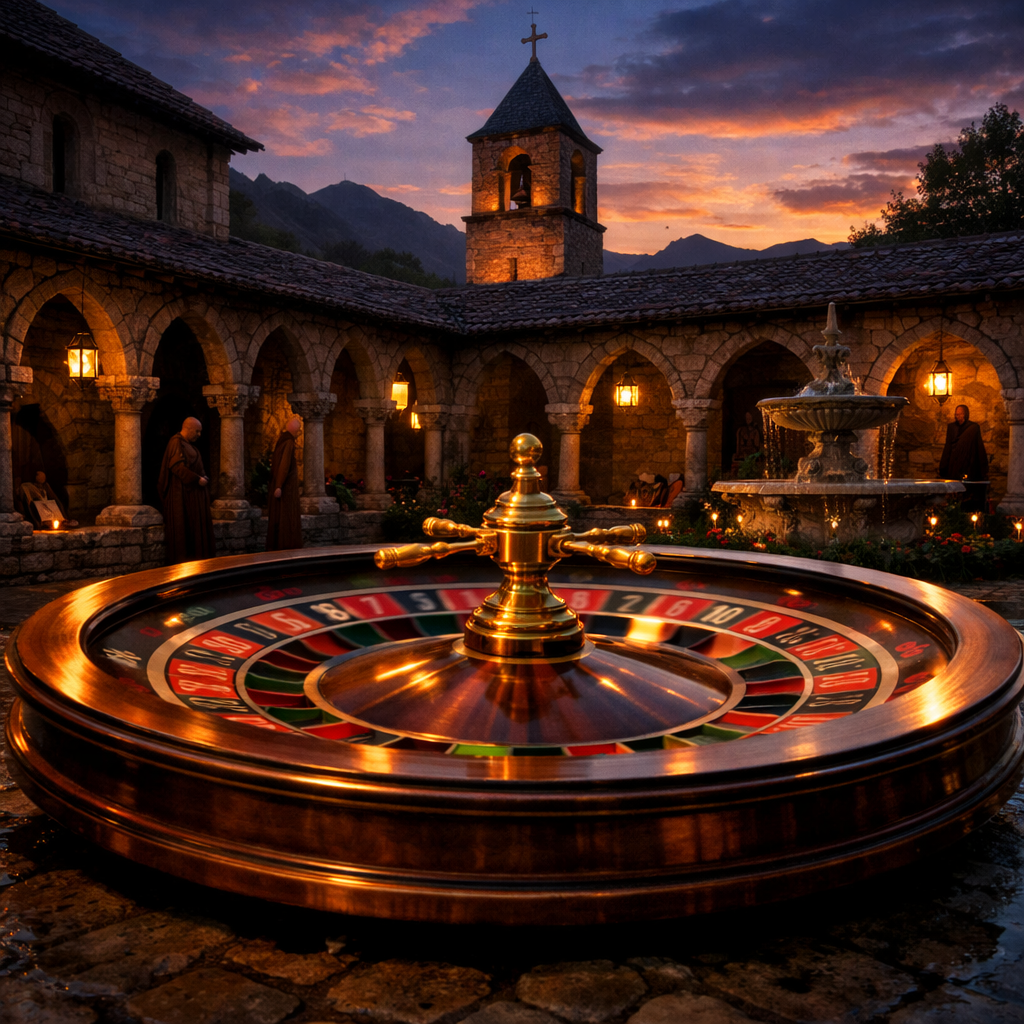 Roulette wheel in stone courtyard with monks and medieval architecture at sunset