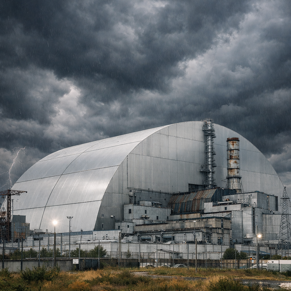 Chernobyl nuclear power plant reactor covered by large steel shelter under dark stormy clouds with lightning