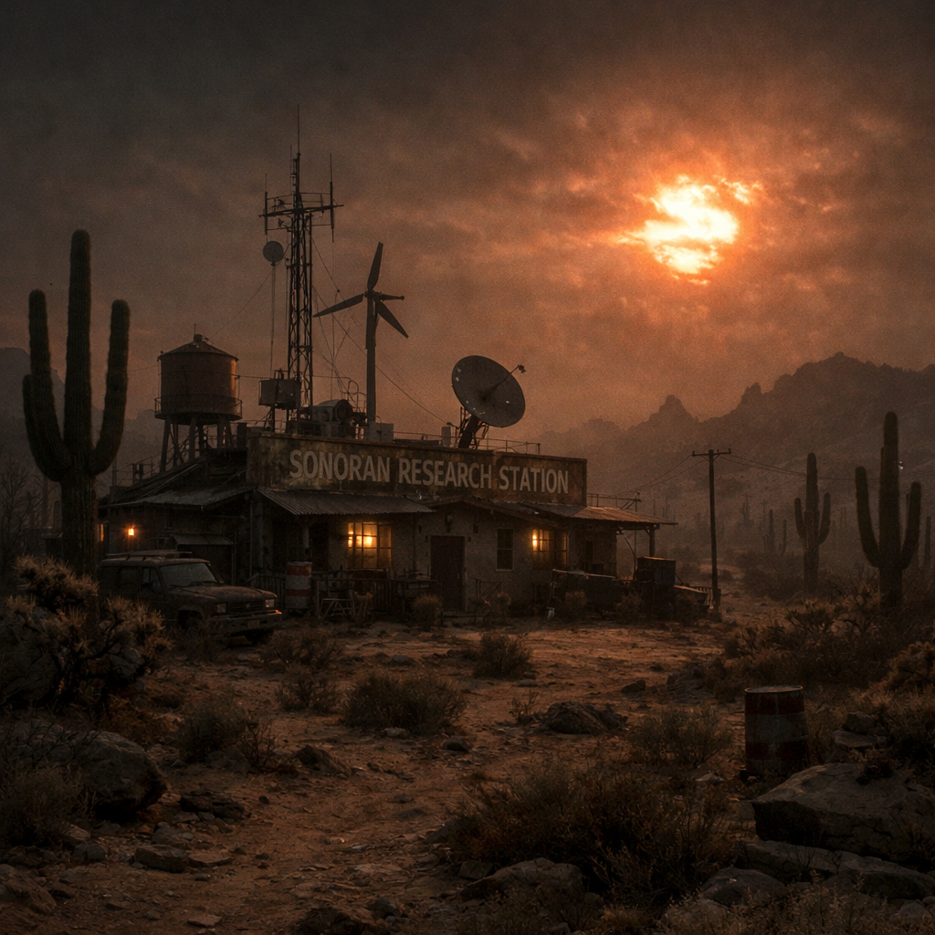 Sonoran Research Station in desert with satellite dish and wind turbine at sunset