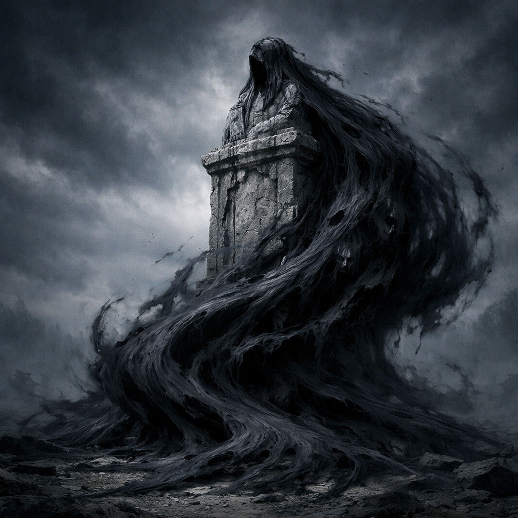 A dark, ghostly figure with flowing shadows emerges from a cracked stone tomb