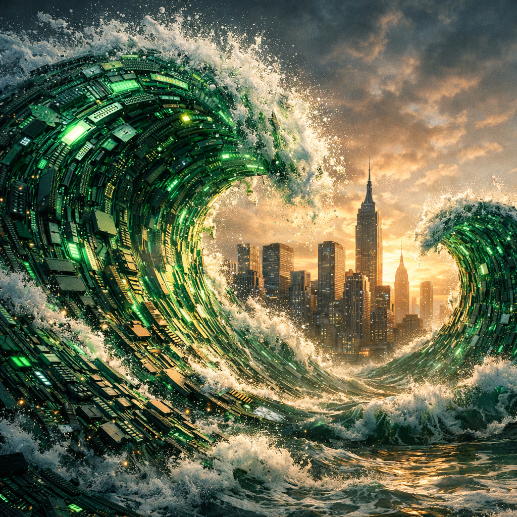 Wave composed of green glowing circuit boards approaching a city skyline at sunset.