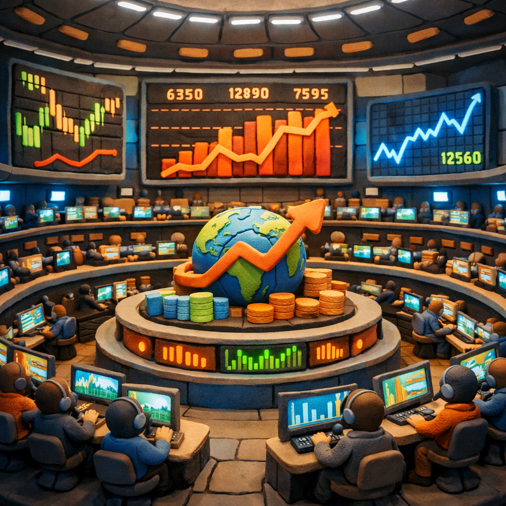 Busy trading room with multiple monitors showing financial charts and global market data