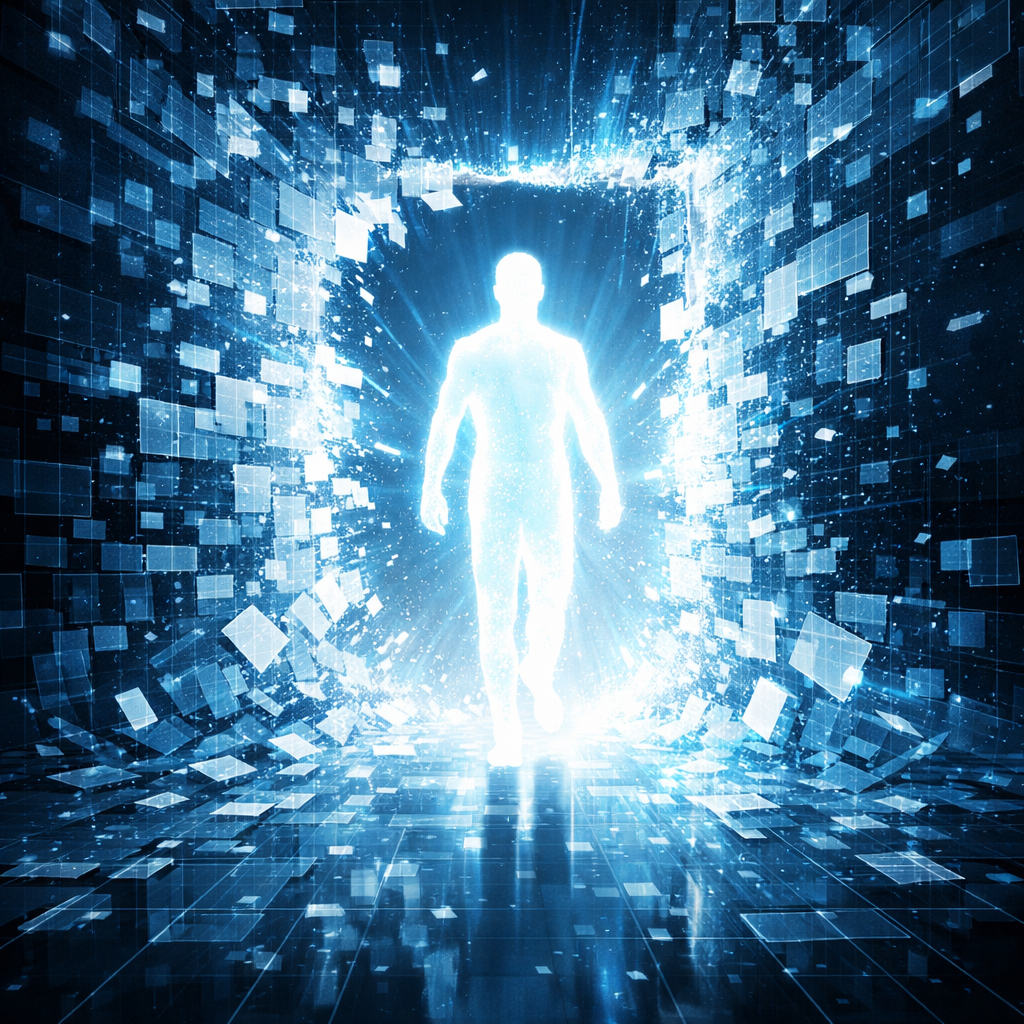Glowing human figure walking through a digital portal made of blue floating squares