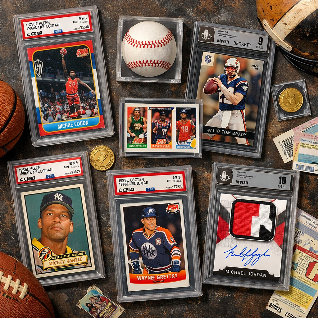 Graded sports cards including Michael Jordan, Mickey Mantle, Wayne Gretzky, Tom Brady, and a vintage basketball.