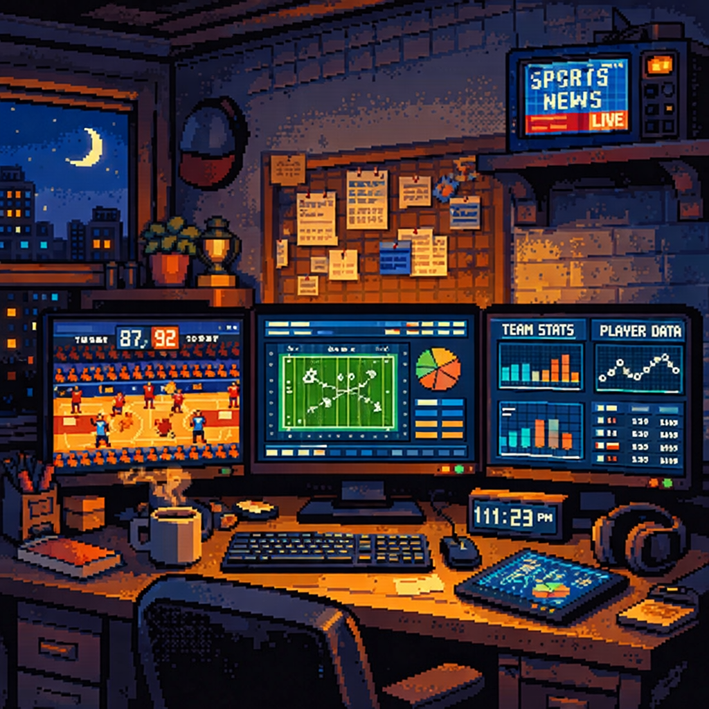Workspace with three monitors showing sports scores, plays, and statistics