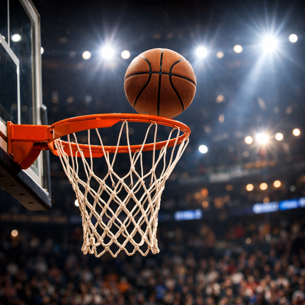 Basketball in midair just above basketball hoop and net