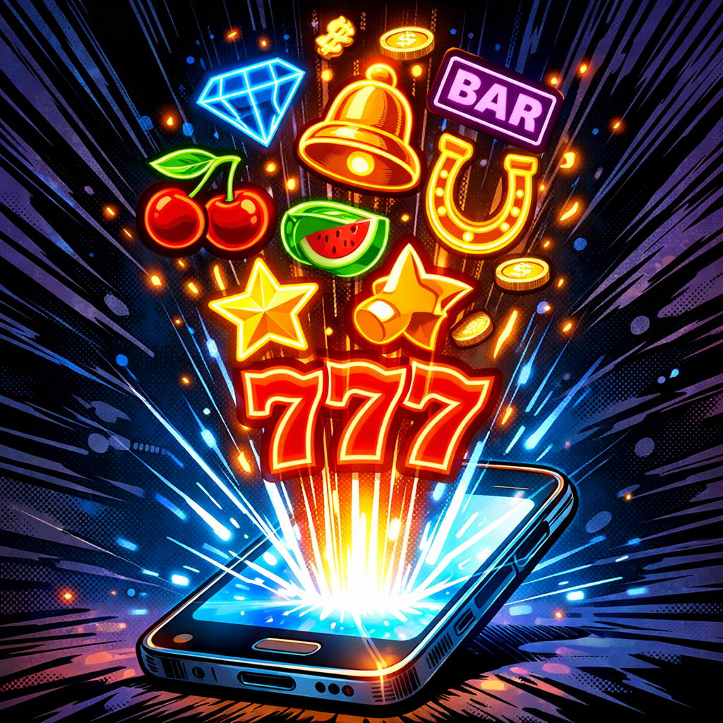 Glowing smartphone emitting neon slot symbols upward