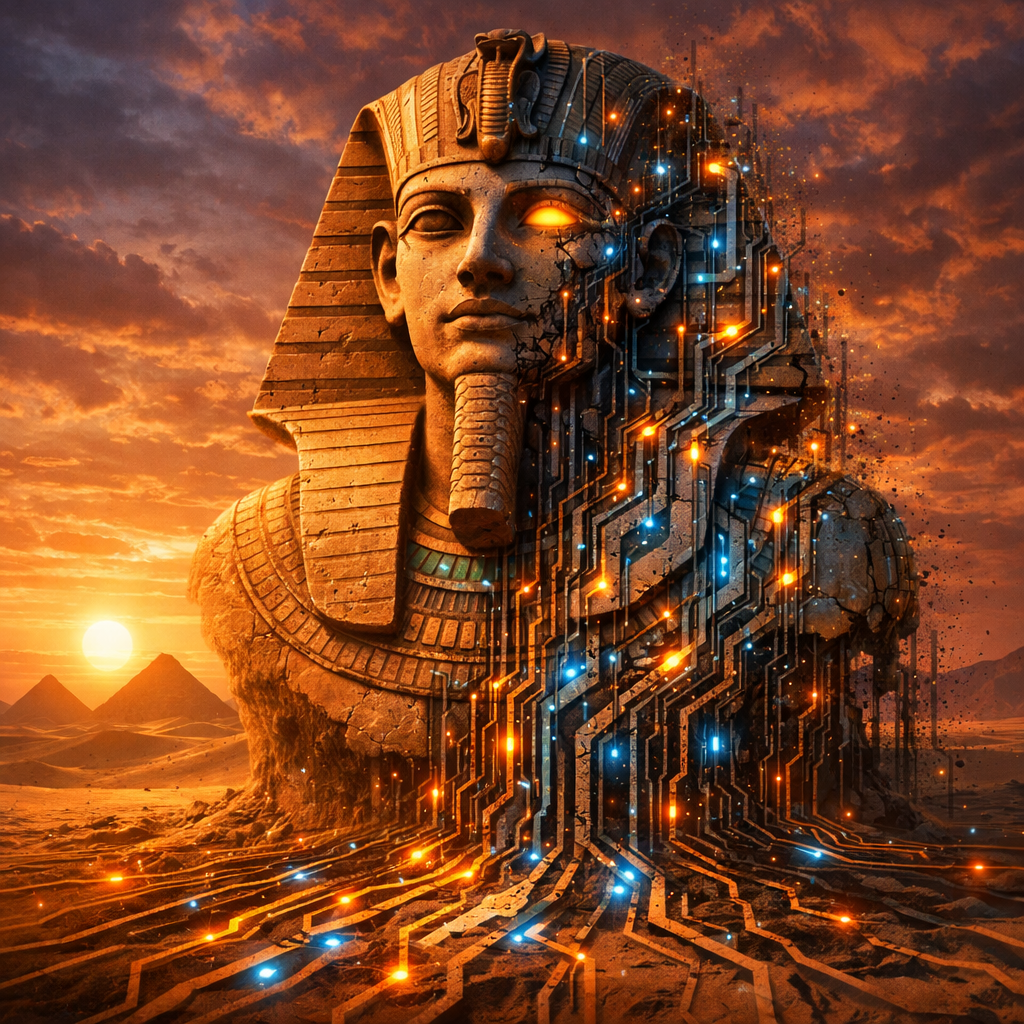 Ancient Egyptian pharaoh statue merging with futuristic electronic circuits glowing orange and blue