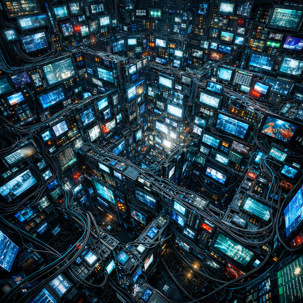 Numerous interconnected digital screens displaying various images and data with cables