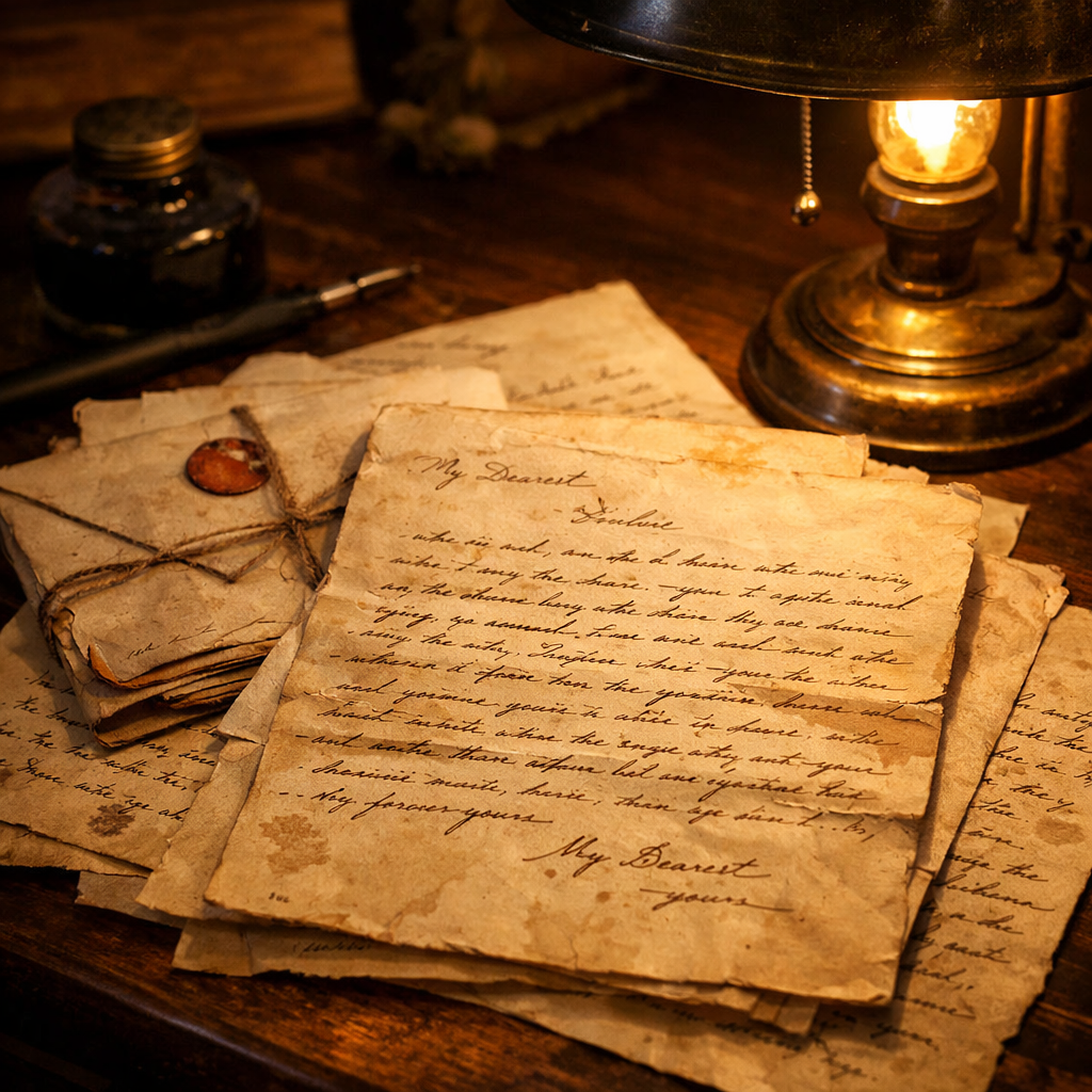 Stack of old handwritten love letters on wooden desk beside lit antique lamp and ink bottle