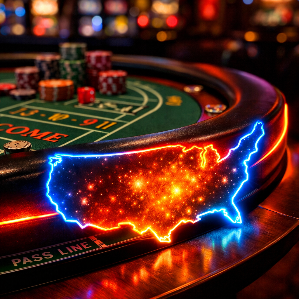 Craps table with chips and neon USA map outline glowing orange and blue