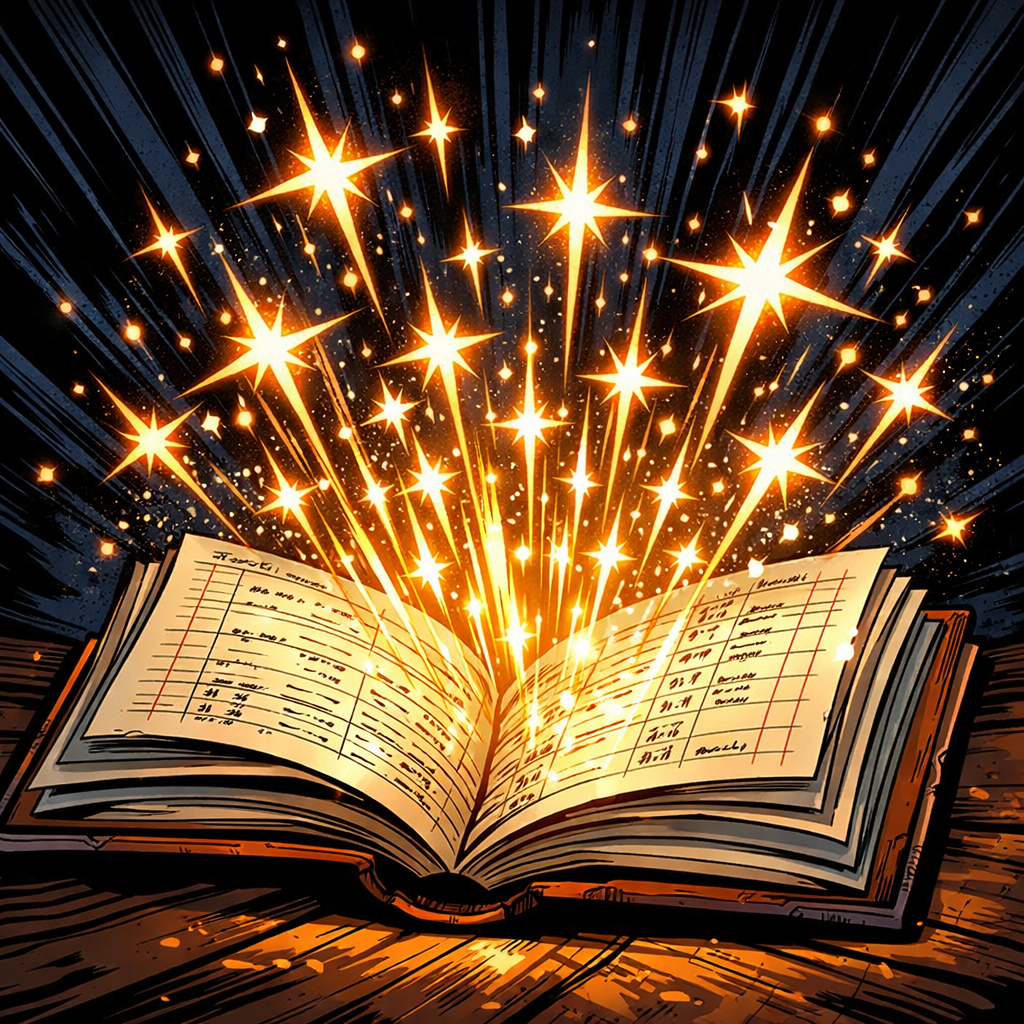 An open book with glowing golden stars and sparkles emerging from its pages