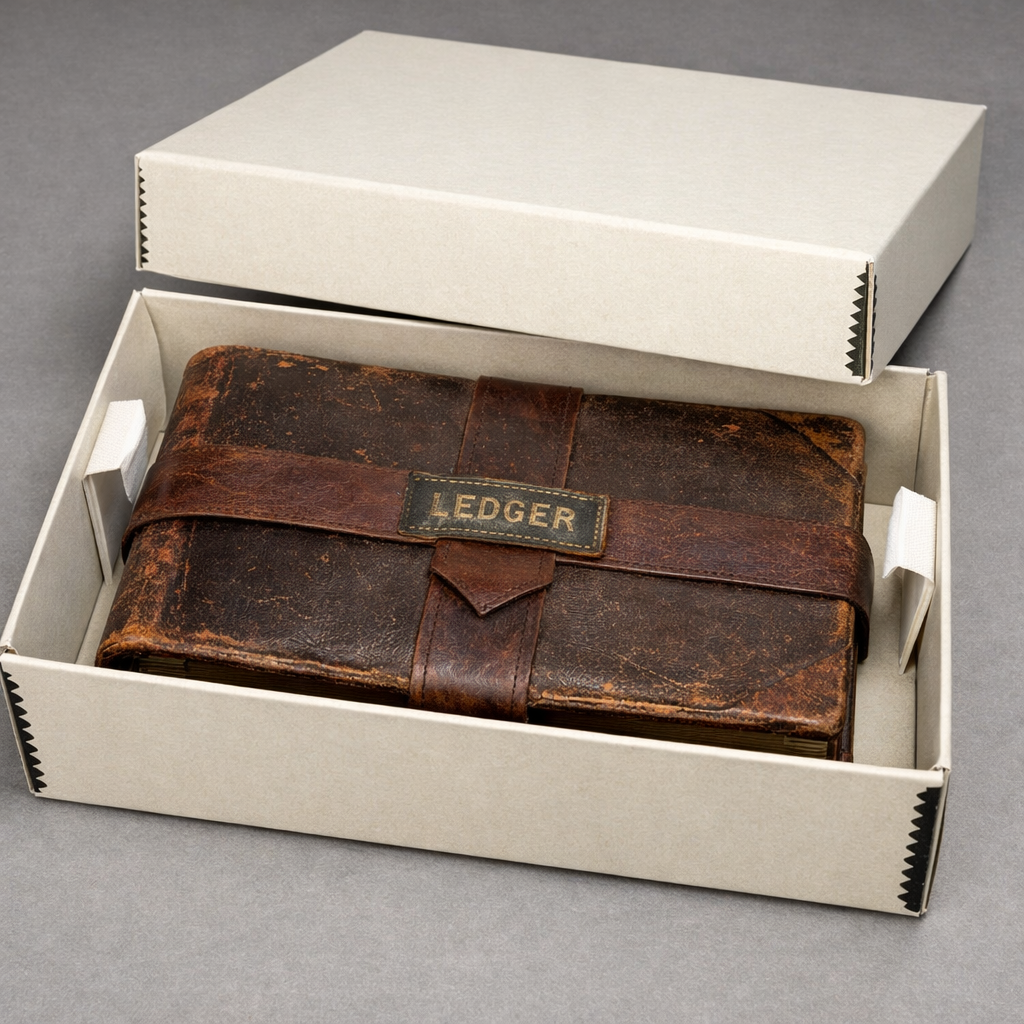 Worn brown leather ledger book labeled 'LEDGER' inside a beige archival storage box