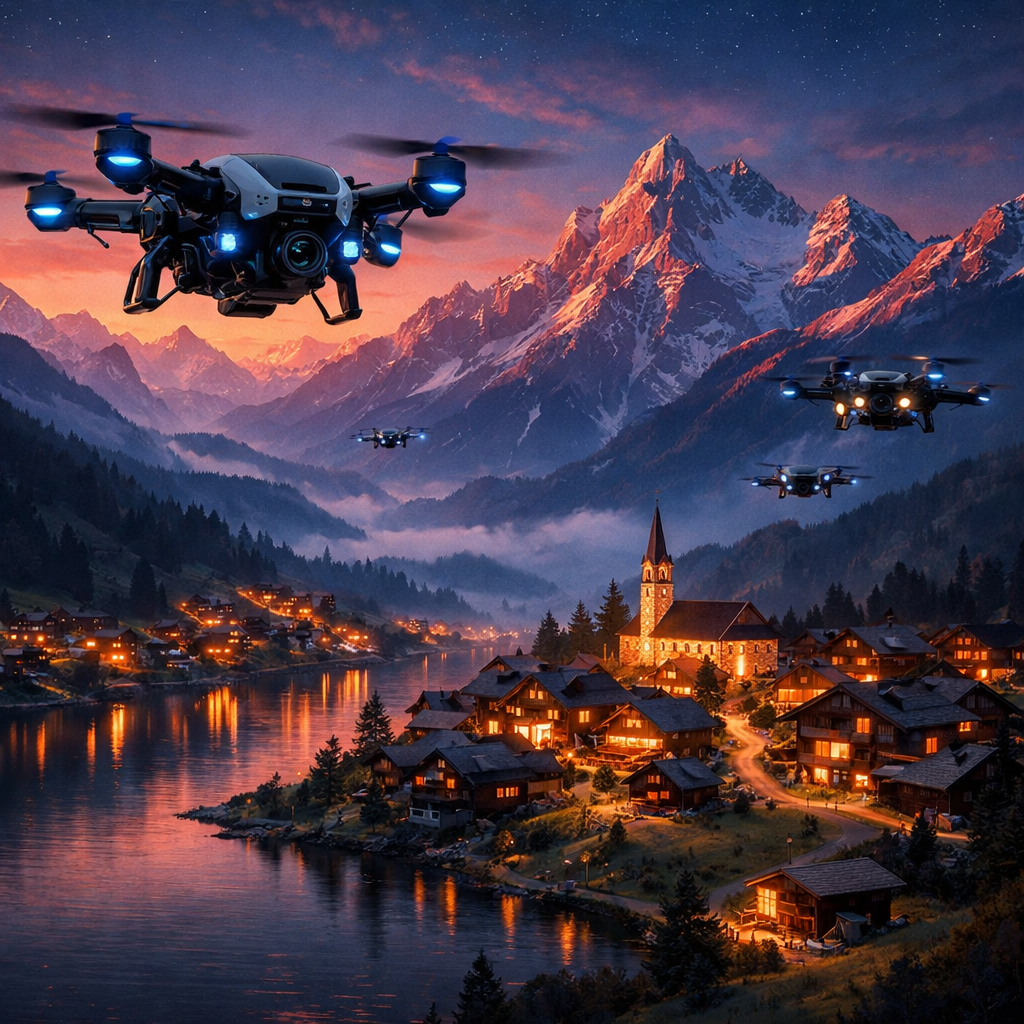 Four drones with blue and orange lights flying over a mountain village at dusk with illuminated houses and snowy peaks.