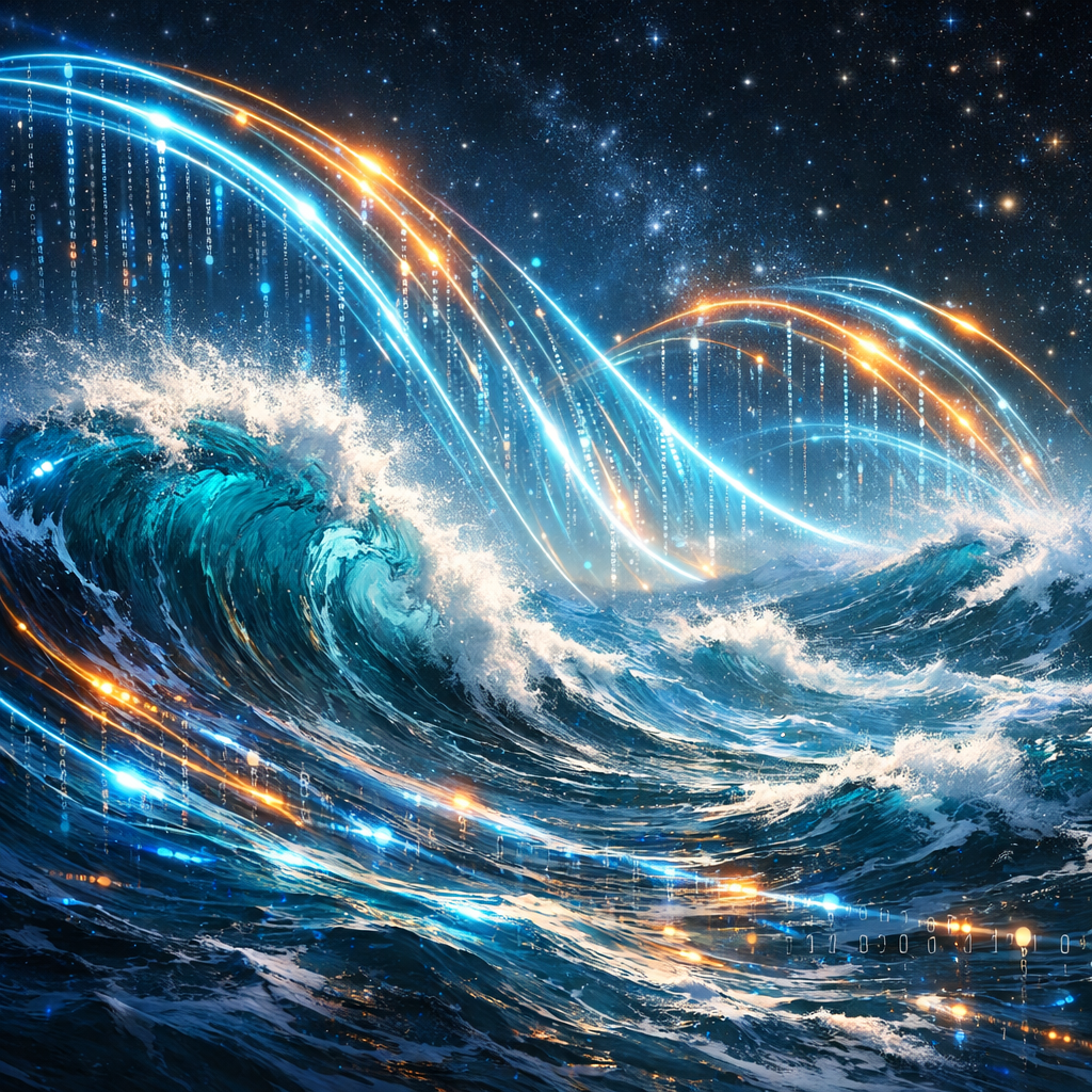 Ocean waves with flowing digital light streams and binary code