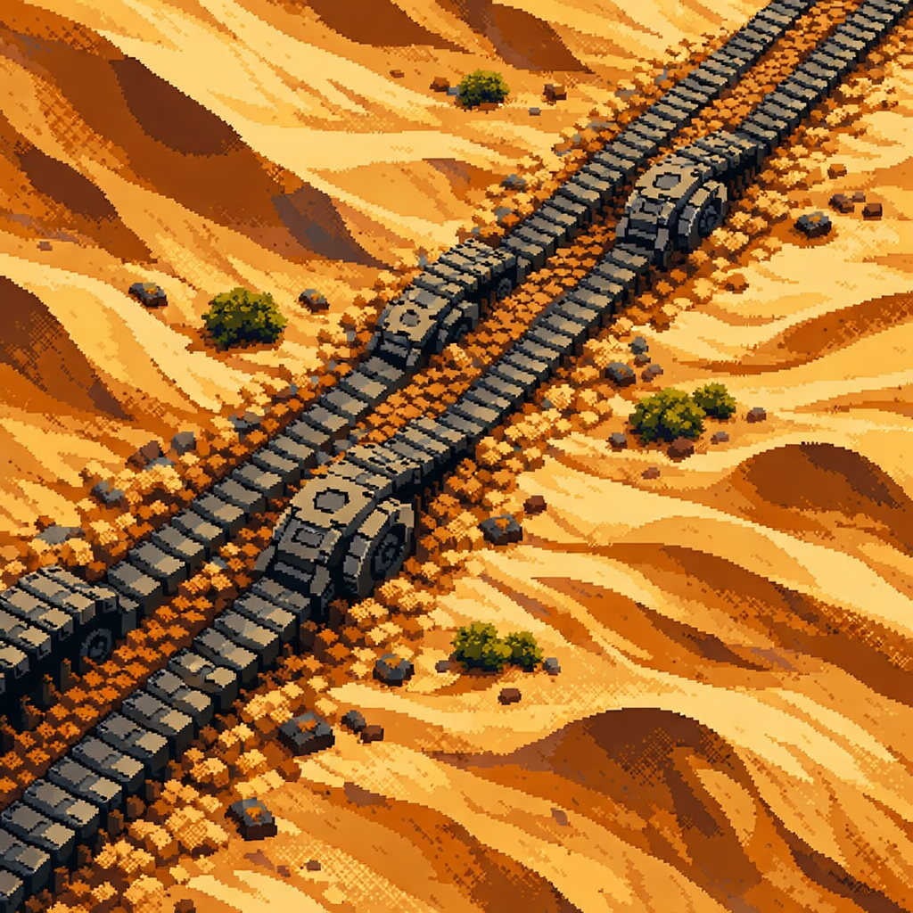 Pixel-art desert with two large, parallel mechanical chains crossing sandy dunes and scattered bushes.