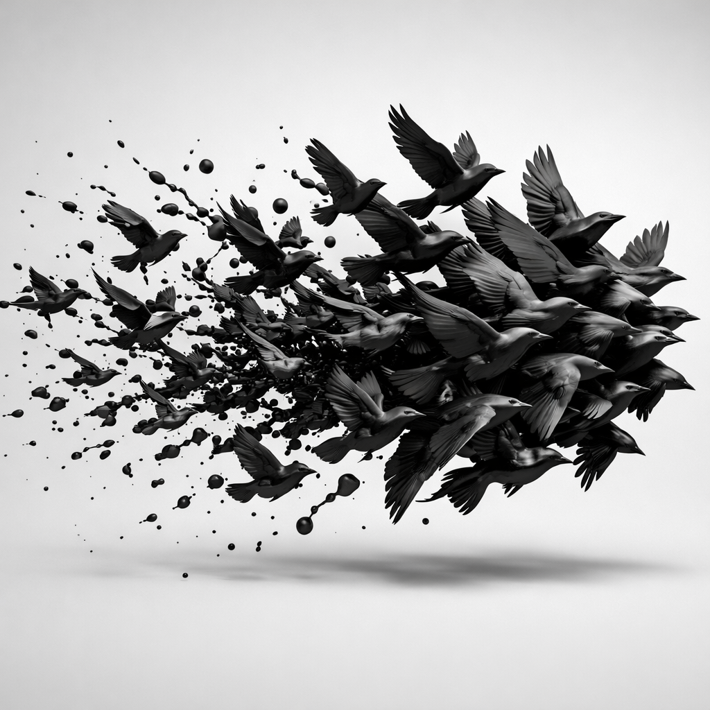 Black birds flying as they transition into splattered ink droplets