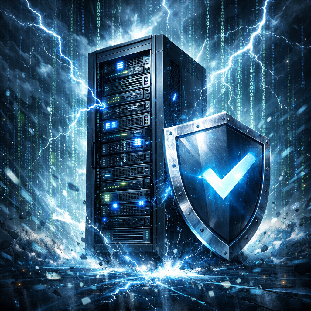 Server rack with glowing blue lights next to a metal shield with a blue checkmark