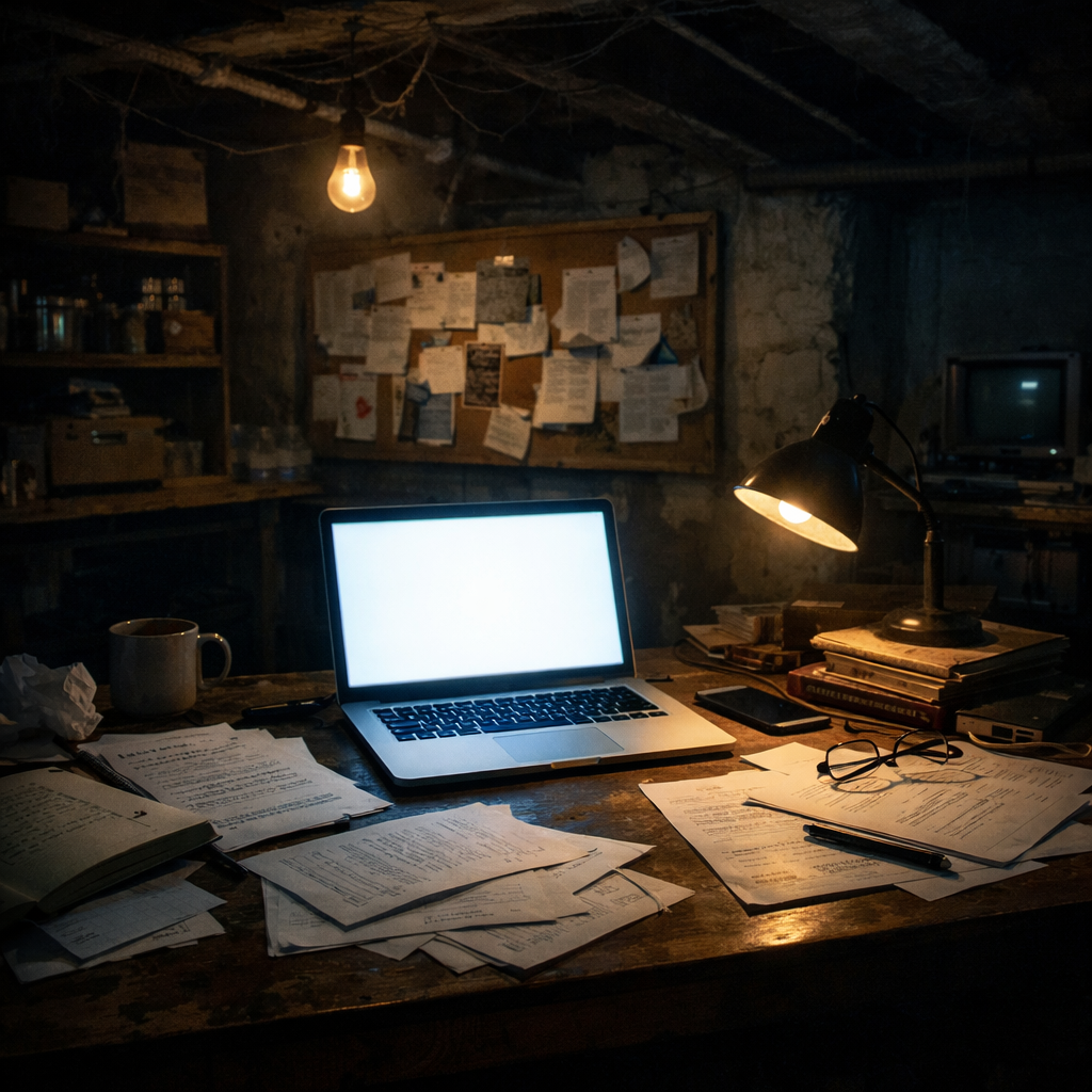 Desk with papers, open laptop, eyeglasses, and lamp in a dim room