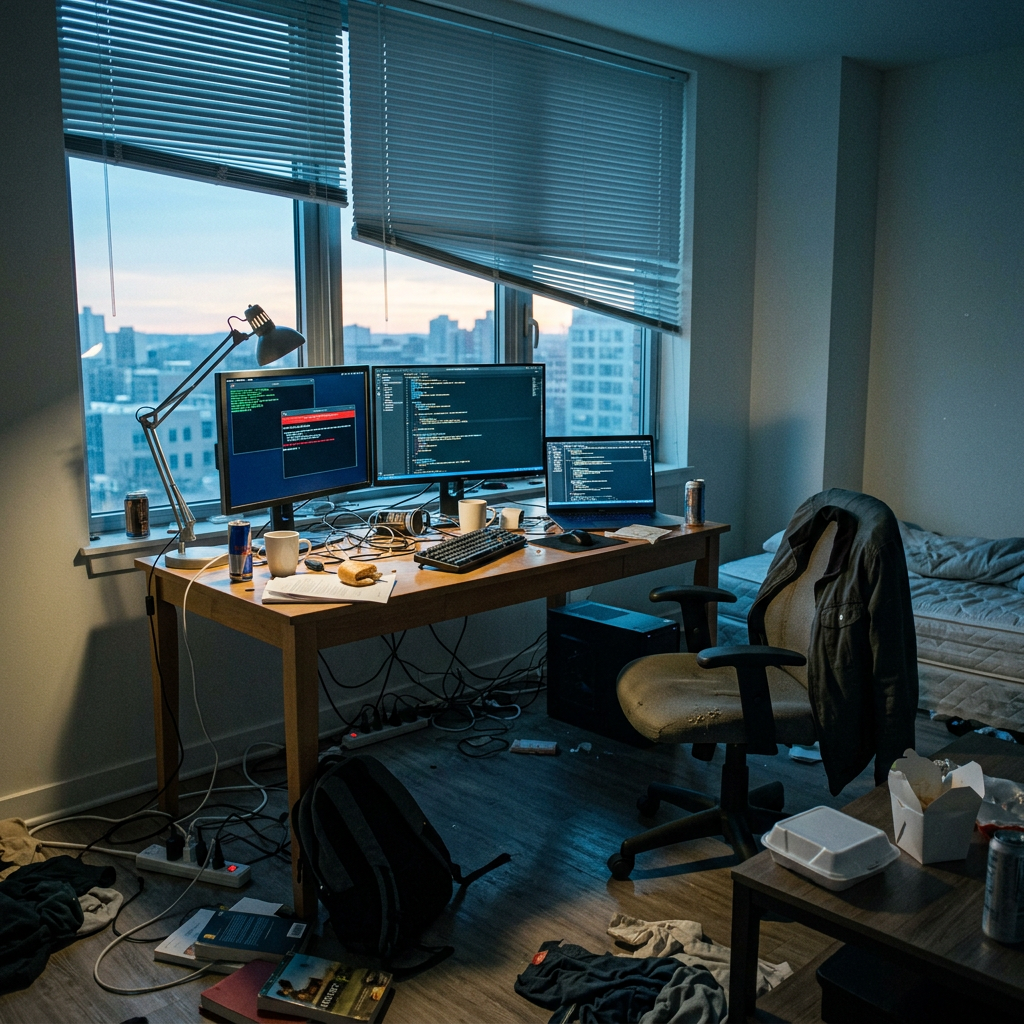 Cluttered desk with three computer screens showing code next to a window overlooking city buildings at sunset