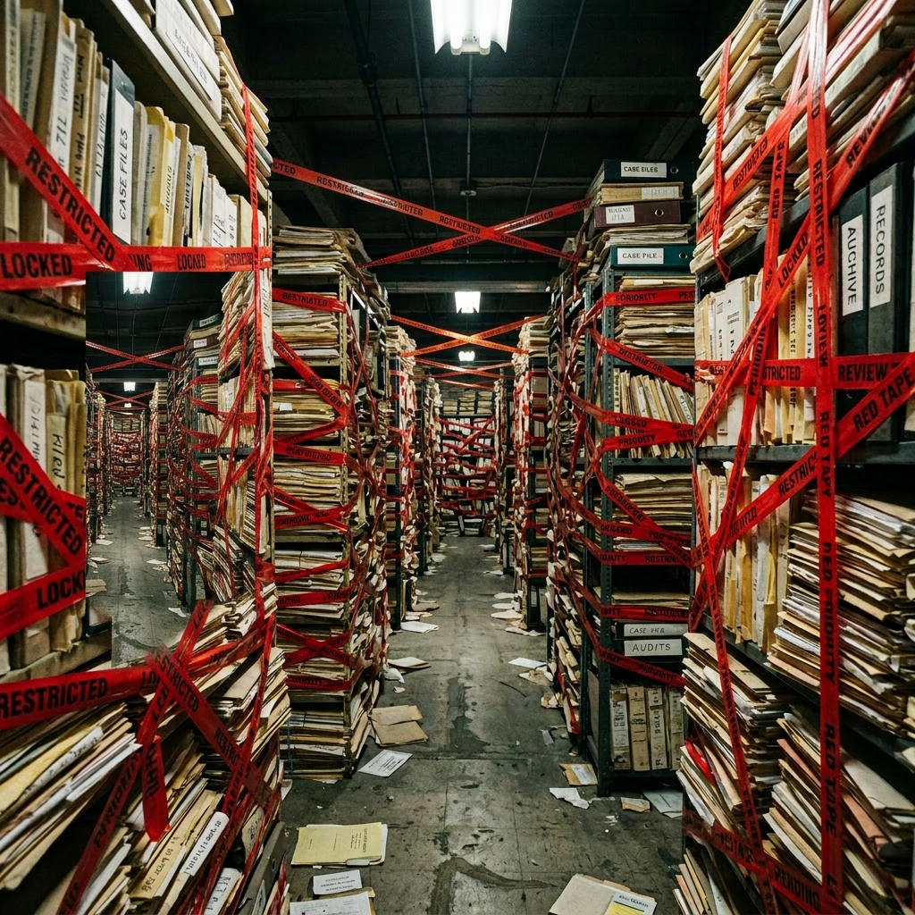 Storage shelves filled with numerous files and folders wrapped with red 'Restricted' and 'Locked' tape in a dimly lit archive room