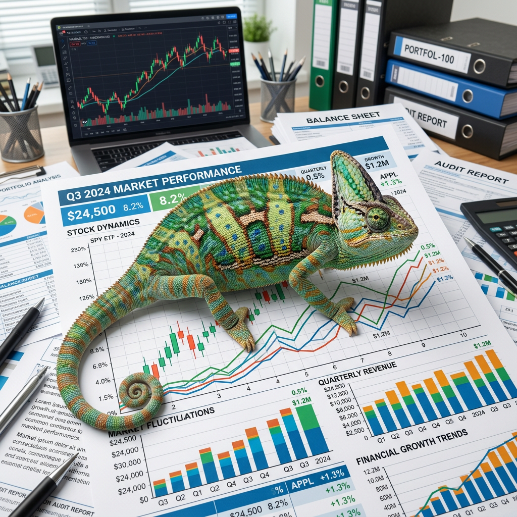 Chameleon resting on printed stock market charts and financial reports on desk