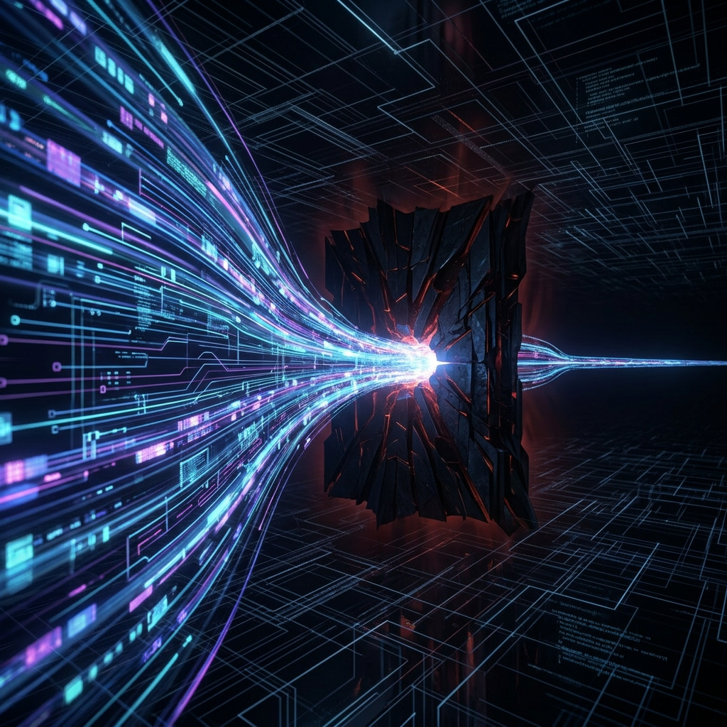 Glowing digital data streams flowing through a cracked dark firewall