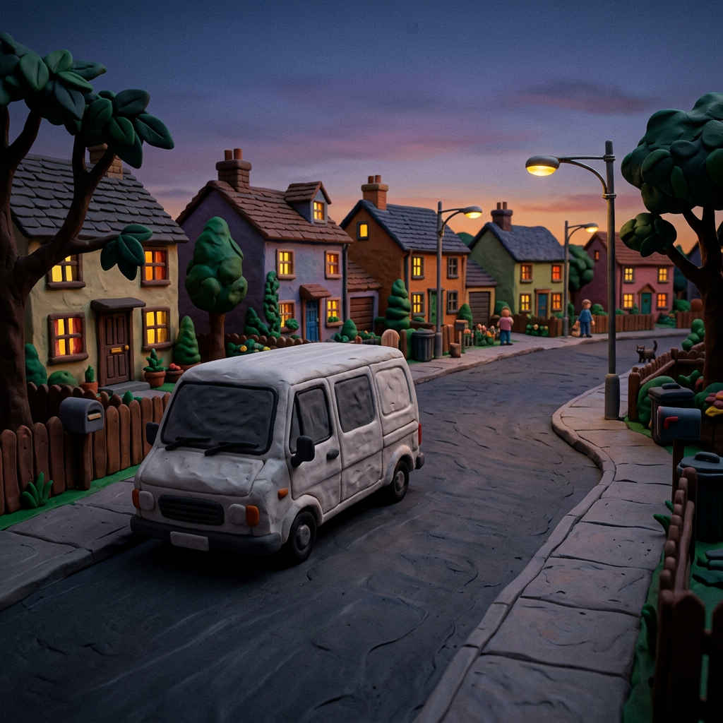 Claymation suburban street at dusk with houses, lit windows, parked van, street lamps, and people