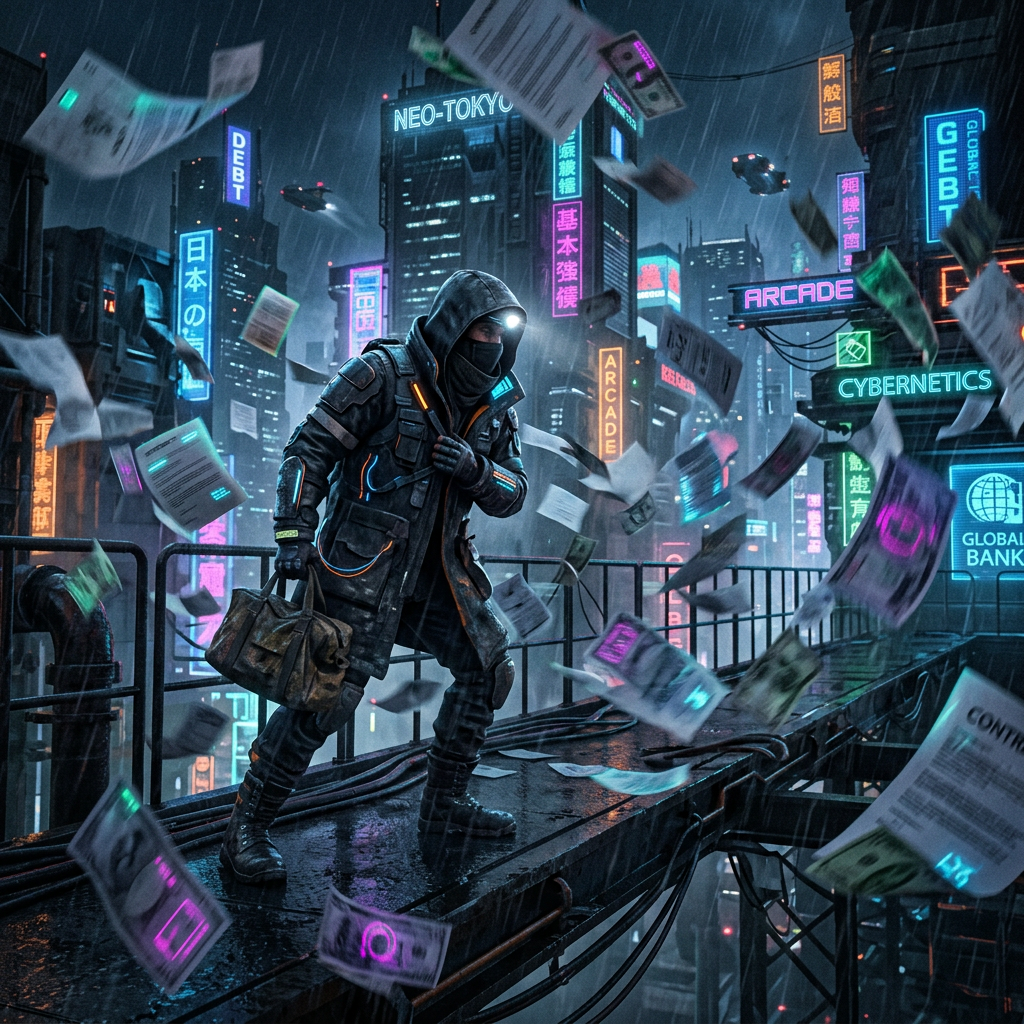 A masked person in a hooded jacket holding a bag on a wet rooftop with flying papers and neon signs