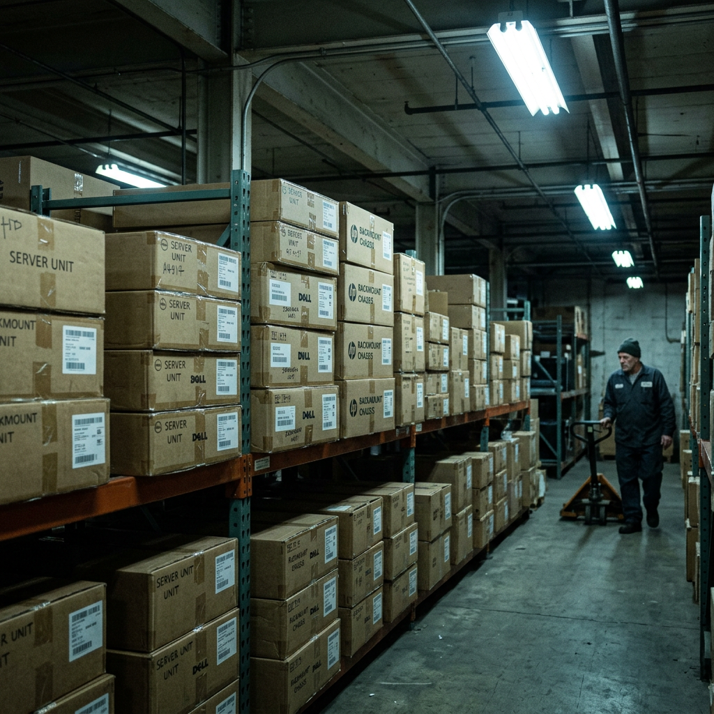Warehouse worker transporting labeled boxes stacked on metal shelves