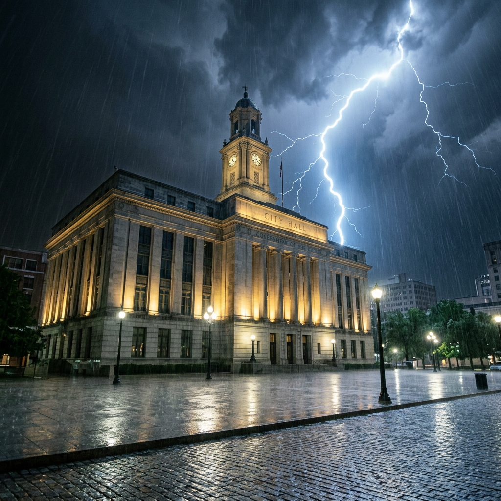 Historic city hall building illuminated at night with lightning striking in the stormy sky