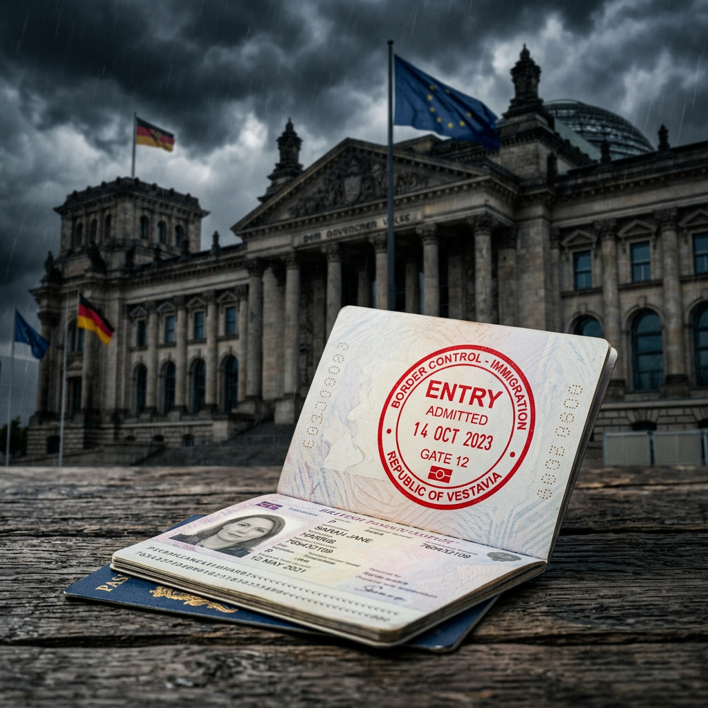 Passport open displaying an immigration entry stamp dated 14 Oct 2023 and personal identification page