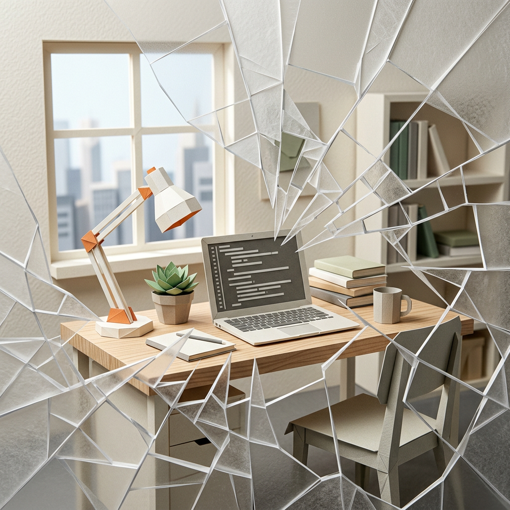 A home office desk with a laptop, lamp, plant, and books viewed through broken glass