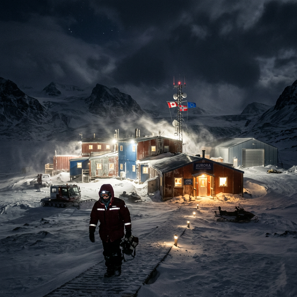 Researcher walking on snow path at Arctic research station with mountain backdrop at night