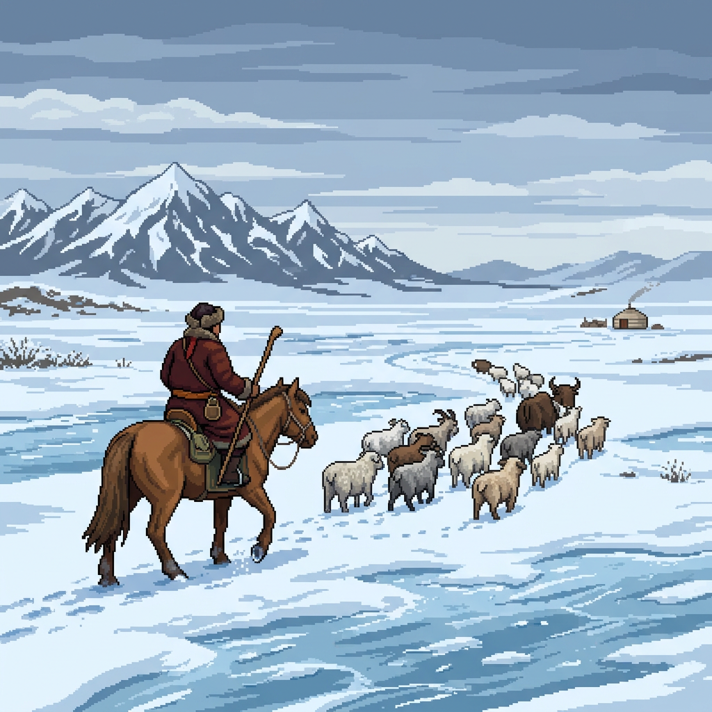 Shepherd on horse guiding flock of sheep across snow-covered landscape with mountains and yurt