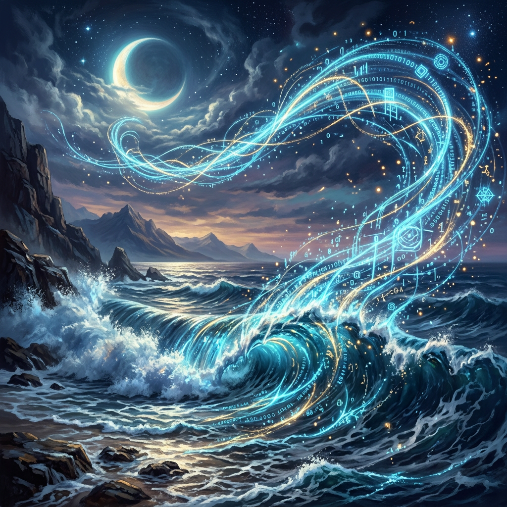 Glowing wave with swirling digital code and symbols under a crescent moon over rocky coastline
